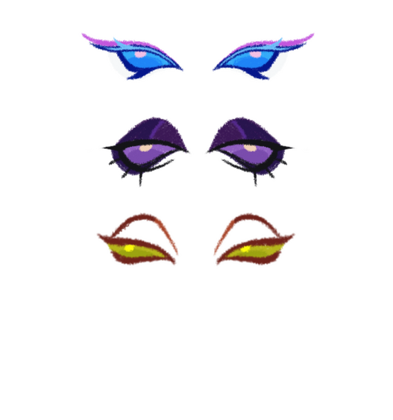 The eyes are commonly represented as vibrantly colored scleras lacking visible pupils.