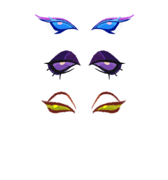 eyes The eyes are commonly represented as vibrantly colored scleras lacking visible pupils.
