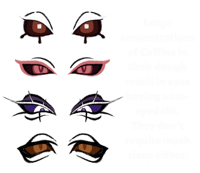 Eyes share the same colored scleras, but have lighter colored pupils. Large concentrations of caffeine in their dough result in eyes having a cat-eyed slit. They don't require much sleep either.